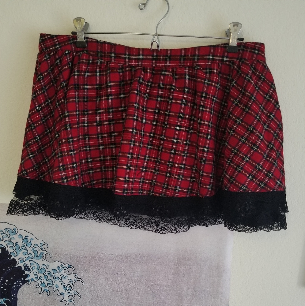 Lip Service Red Plaid and Lace Mini Skirt